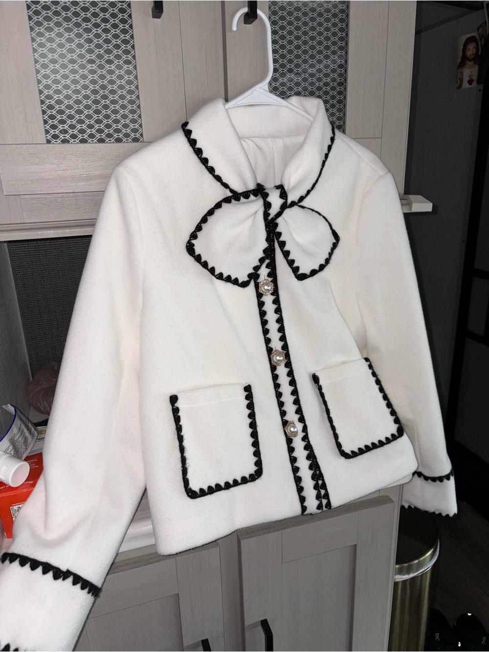 Women’s White Bow-Trim Jacket with Black Accents